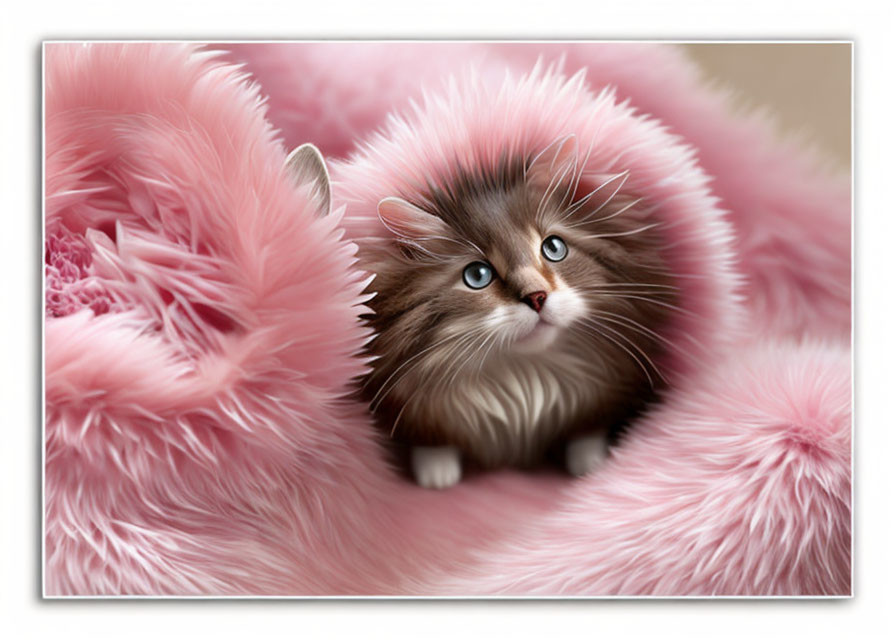 Adorable brown and white kitten with blue eyes among pink feathers