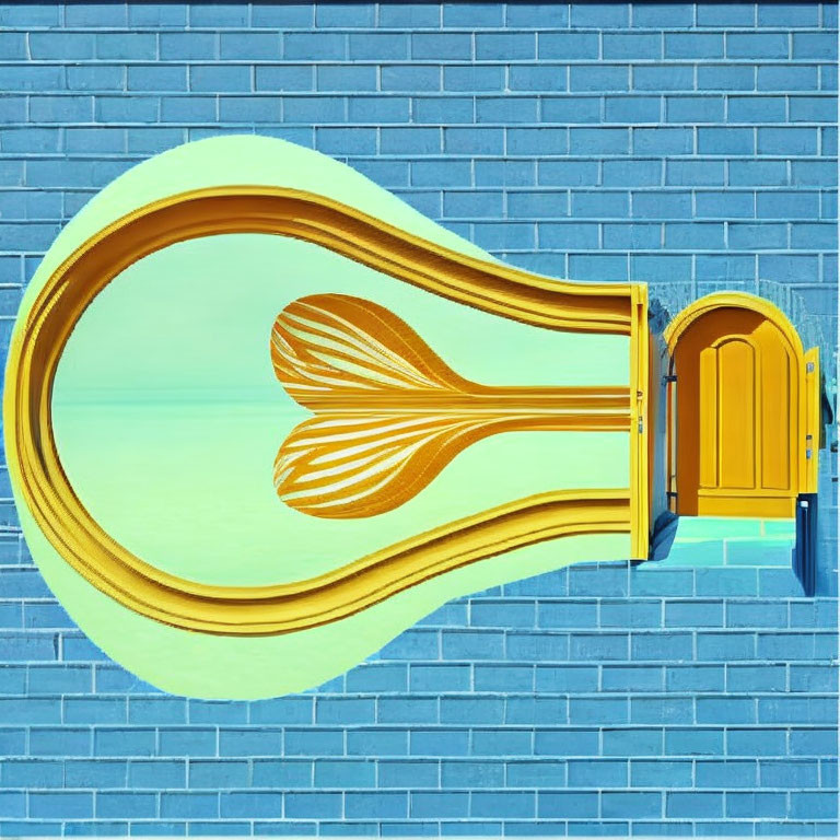 Whimsical brass instrument structure on brick wall with small door