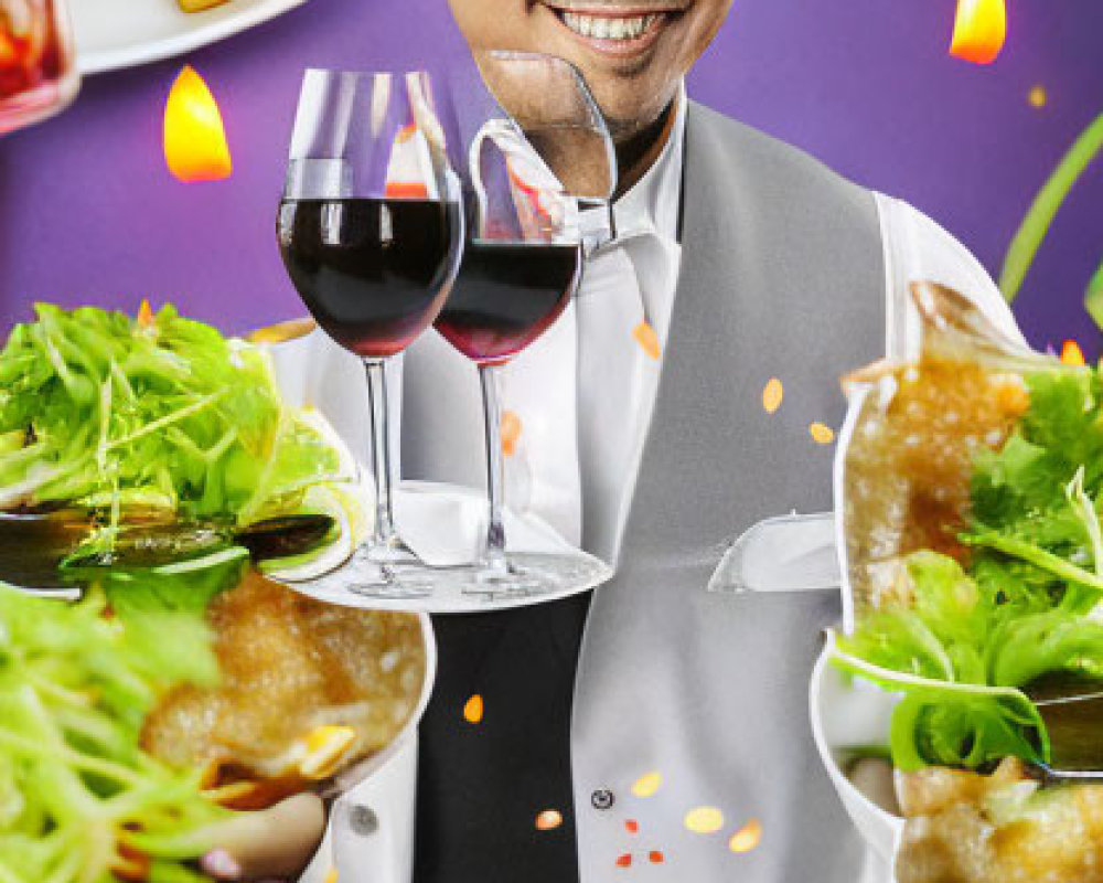 Cheerful Waiter Balancing Wine and Gourmet Dishes