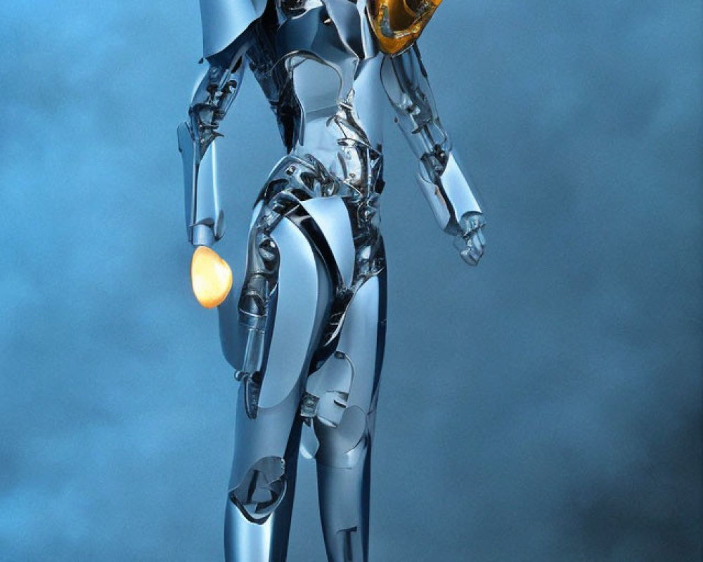 Futuristic humanoid robot in a misty blue setting