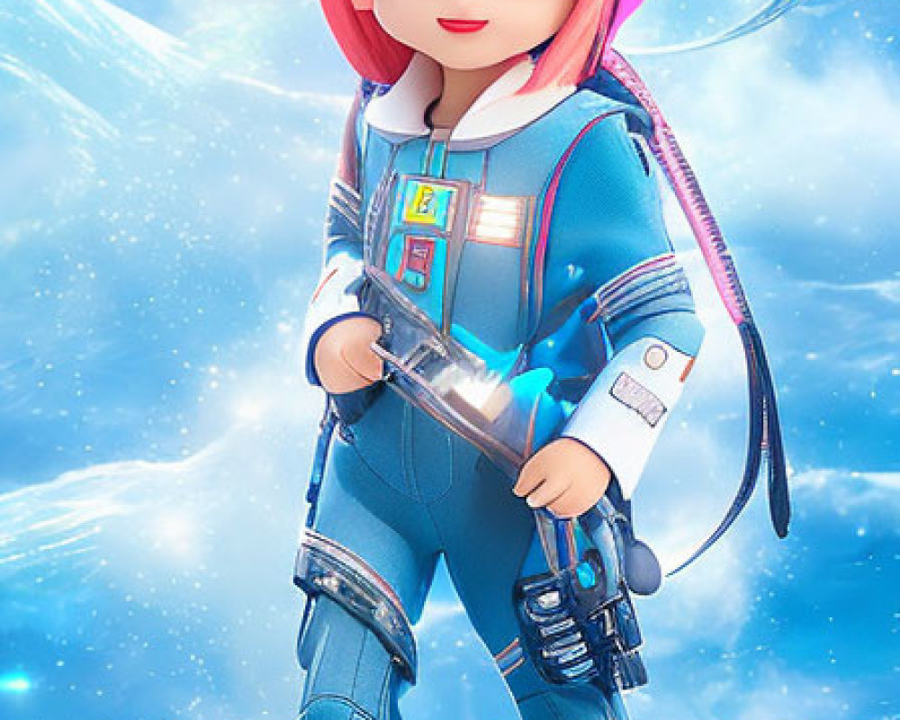 Stylized animated astronaut character with pink hair in space suit against cosmic backdrop