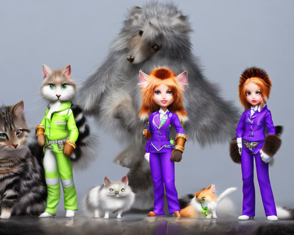 Whimsical Dolls and Stylized Cats in Colorful Scene