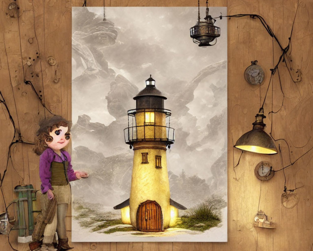 Charming Lighthouse with Doll Character in Misty Scene