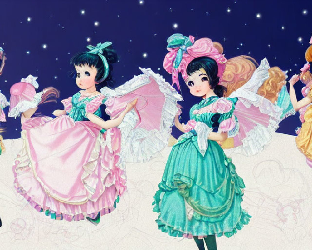 Anime Characters in Colorful Dresses Under Starry Sky