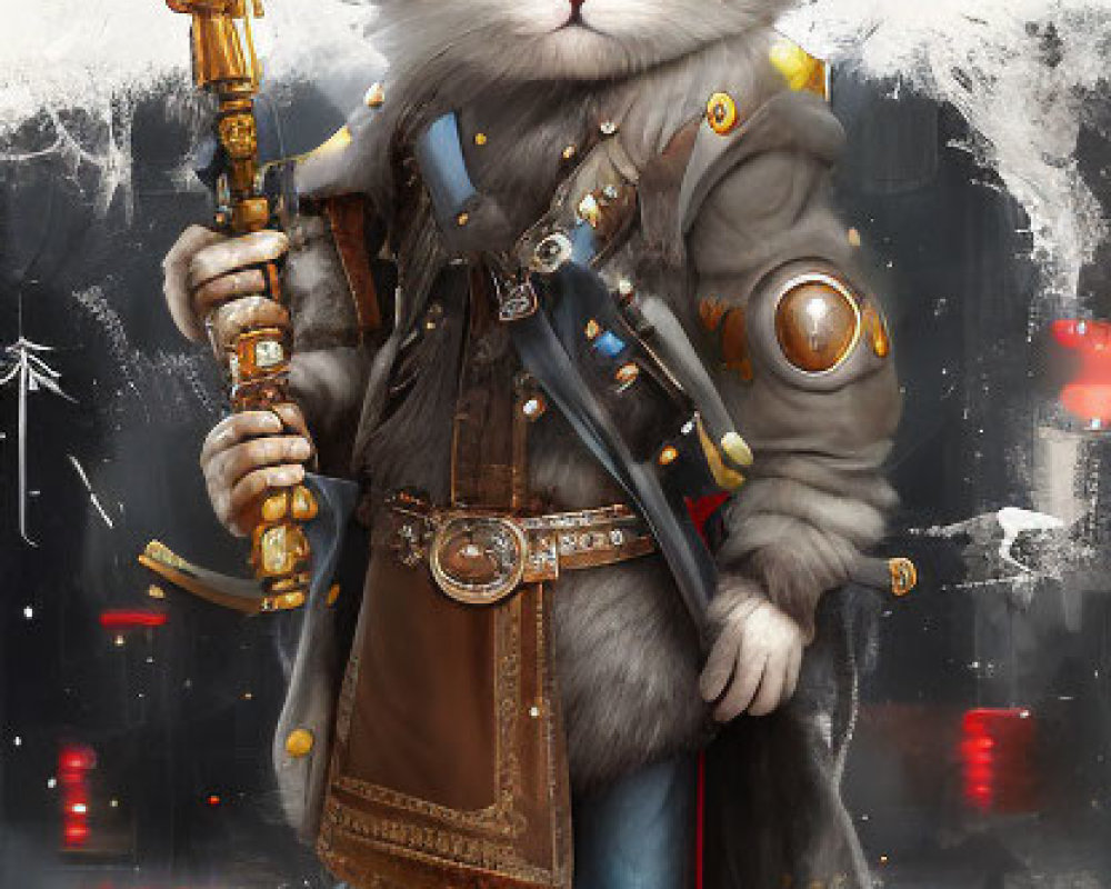 Whimsical Cat Character in Futuristic Steampunk Setting