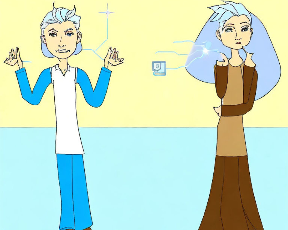 Stylized Characters with Light Blue Hair in Pastel Setting