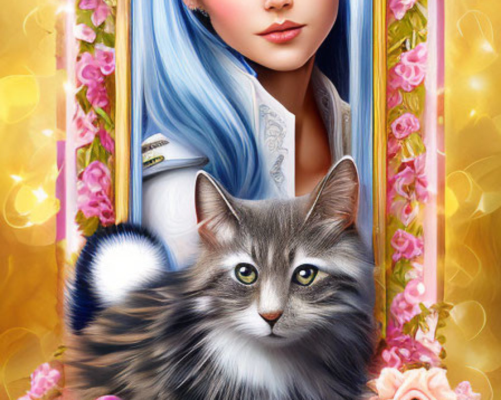 Young Woman with Blue Hair and Floral Arch Illustration