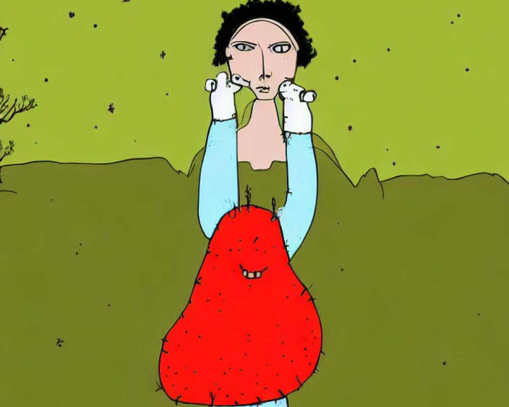 Stylized figure in red garment on green background