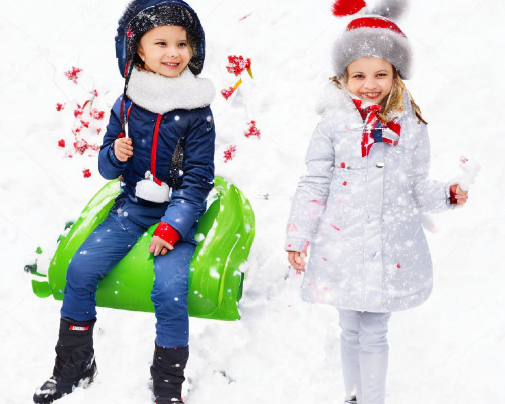 Cheerful children playing in a snowy landscape