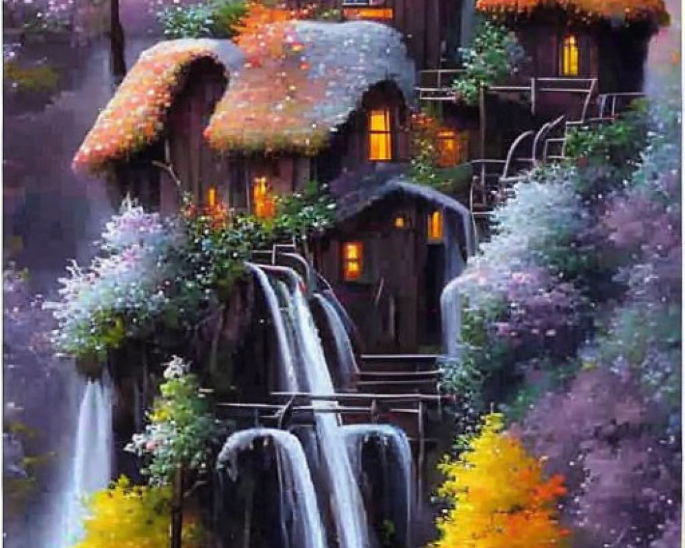Charming cottage above waterfall in autumn forest