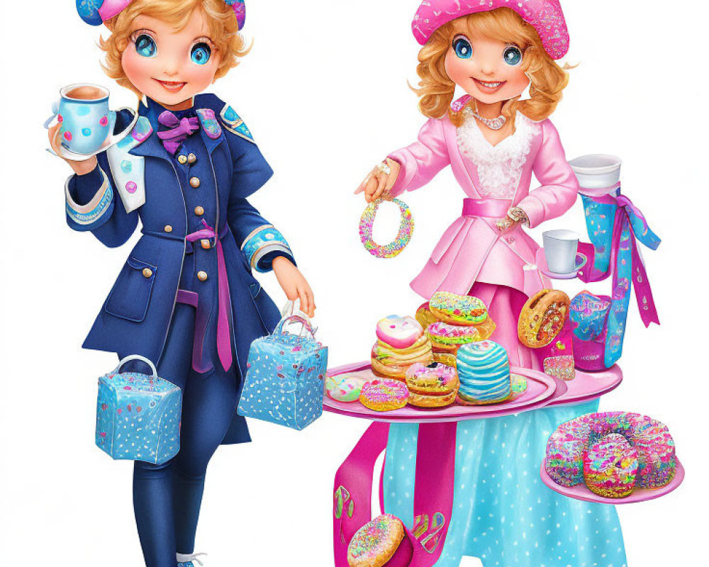 Illustrated girls in colorful outfits serving tea and sweets