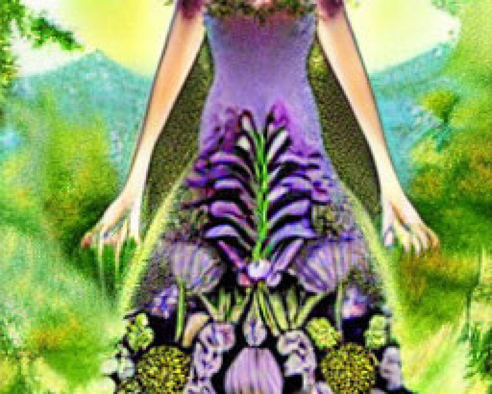 Mystical figure in floral gown in vibrant landscape