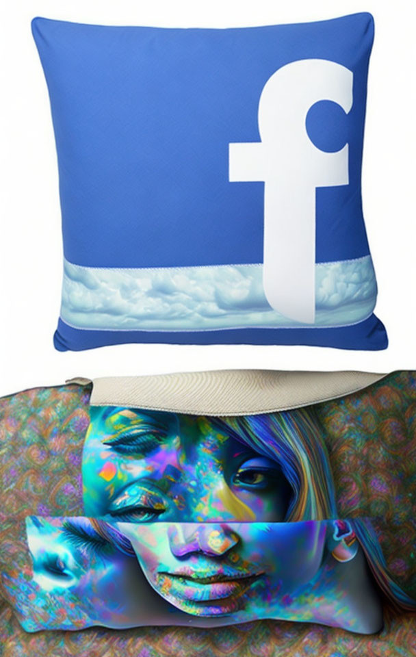 Blue Facebook Logo Pillow Next to Colorful Face Art Print