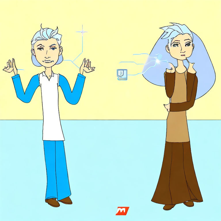 Stylized Characters with Light Blue Hair in Pastel Setting