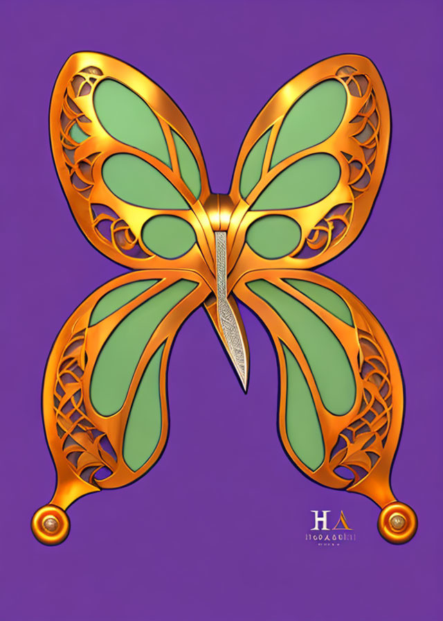 Symmetrical ornate butterfly digital art with golden and green hues on purple background