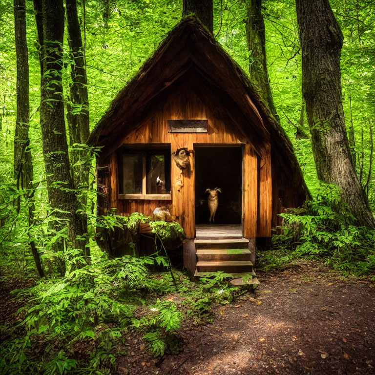 Wooden cabin in a green forest with thatched roof