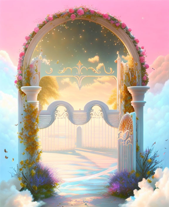 Floral Archway Leading to Celestial Sky