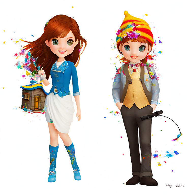 Animated Characters with Whimsical Charm and Confetti