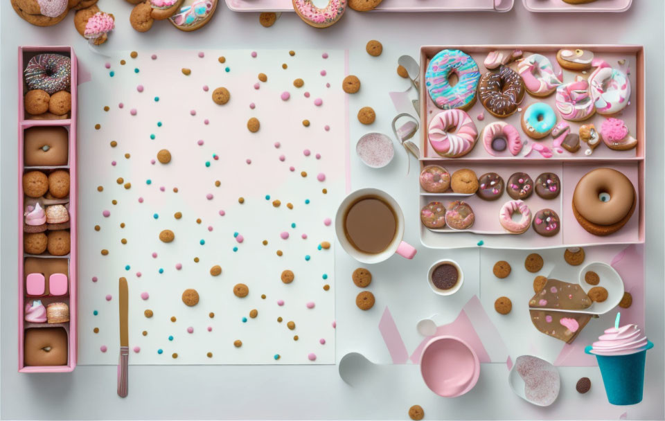 Assorted Colorful Donuts, Cookies, and Candies with Coffee on Pastel Background