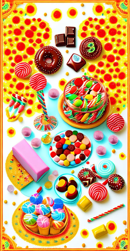 Colorful Candy and Sweets on Patterned Background