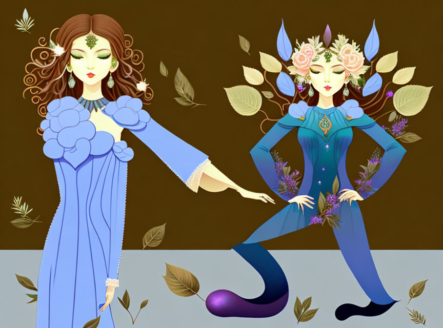 Stylized female figures in blue and purple gowns with floral motifs on brown background