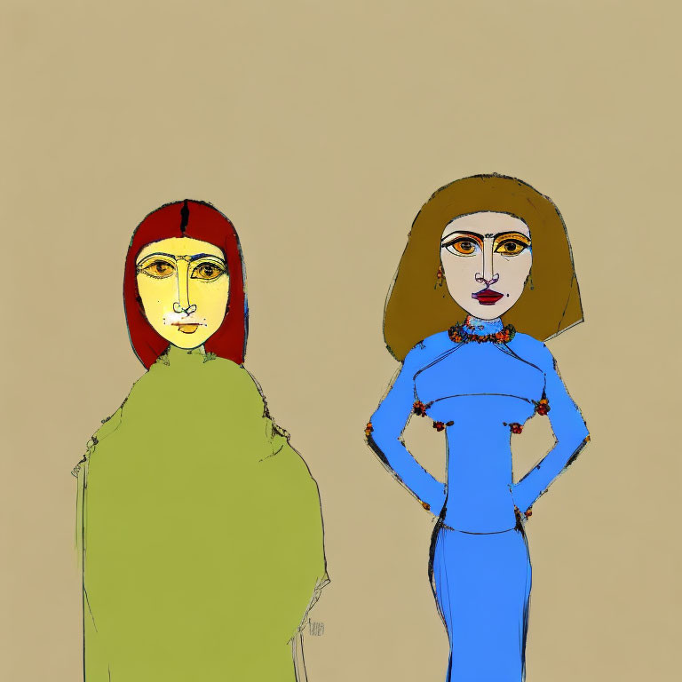 Stylized Female Figures in Contrasting Attire and Poses