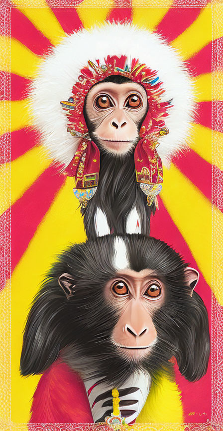 Stylized Monkeys in Vibrant Costumes and Bright Background