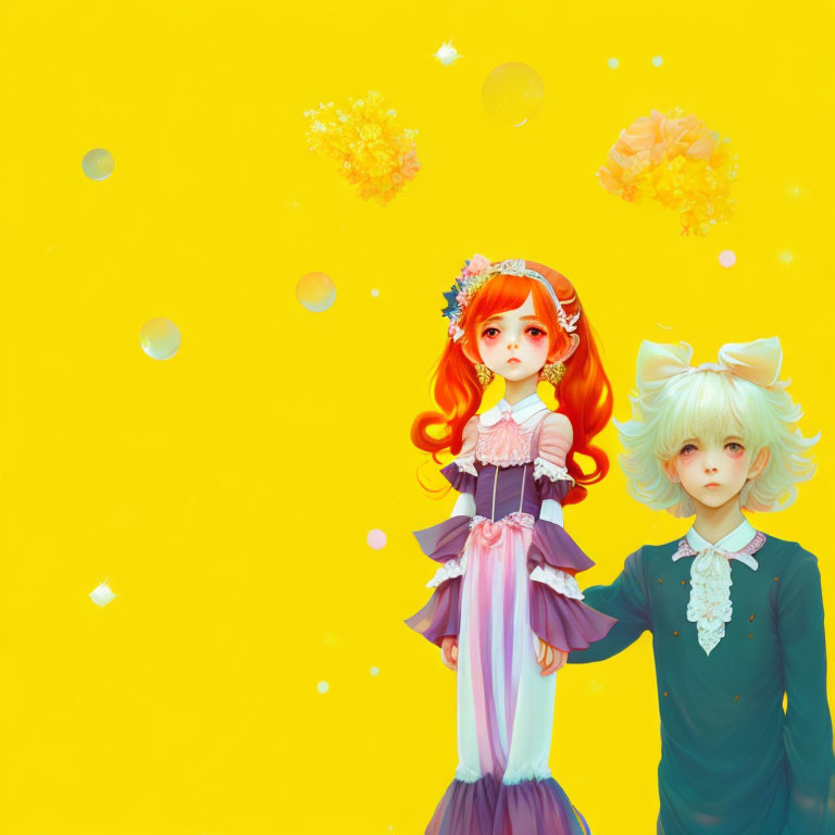 Colorful Hair Anime Characters in Ornate Clothing on Vibrant Yellow Background