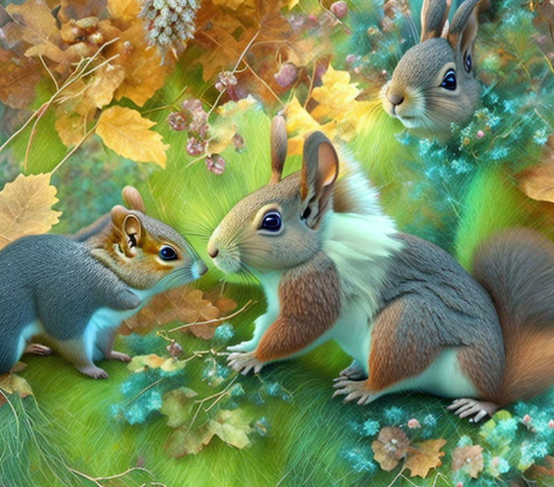 Vibrant Green Foliage with Colorful Squirrels