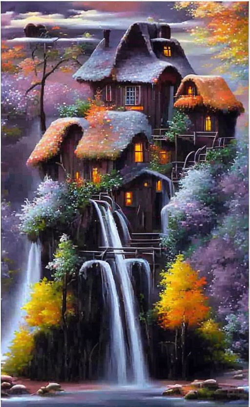 Charming cottage above waterfall in autumn forest
