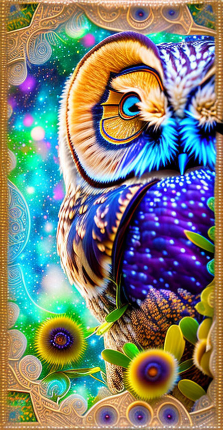 Colorful Owl with Cosmic Background and Leaves