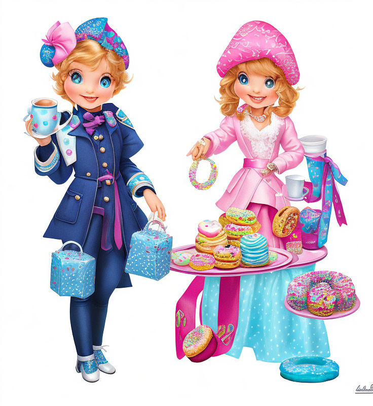 Illustrated girls in colorful outfits serving tea and sweets
