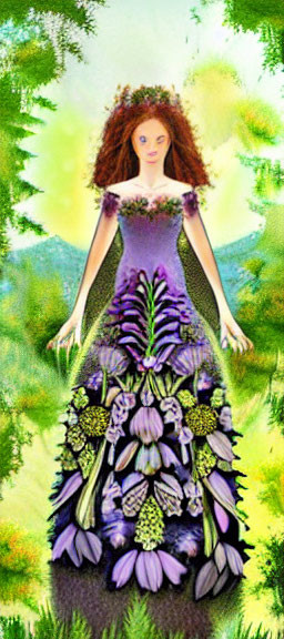 Mystical figure in floral gown in vibrant landscape