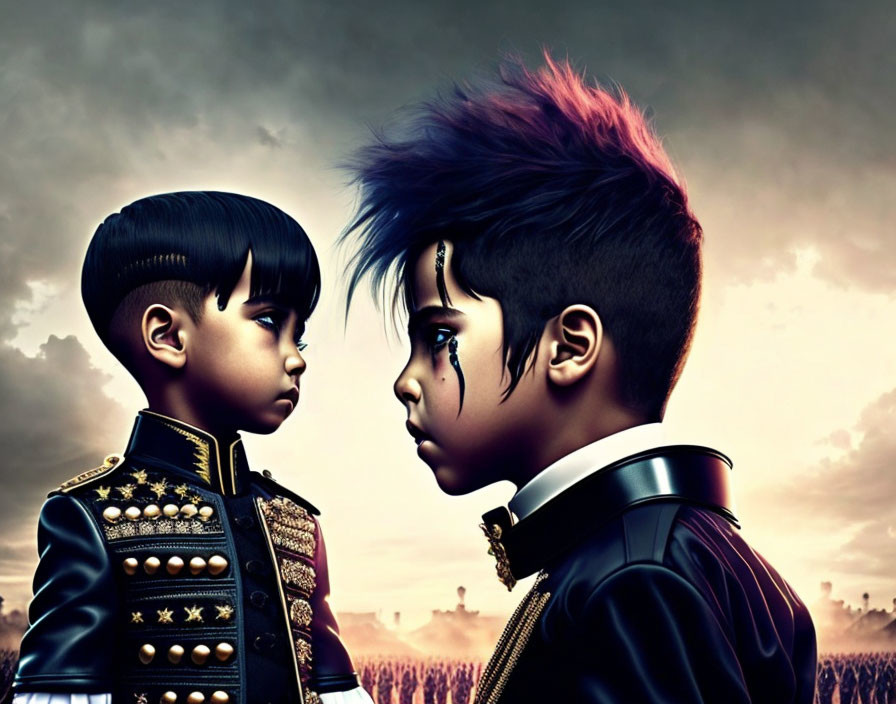 Stylized animated children with dramatic hairstyles in military-style jackets against moody sky