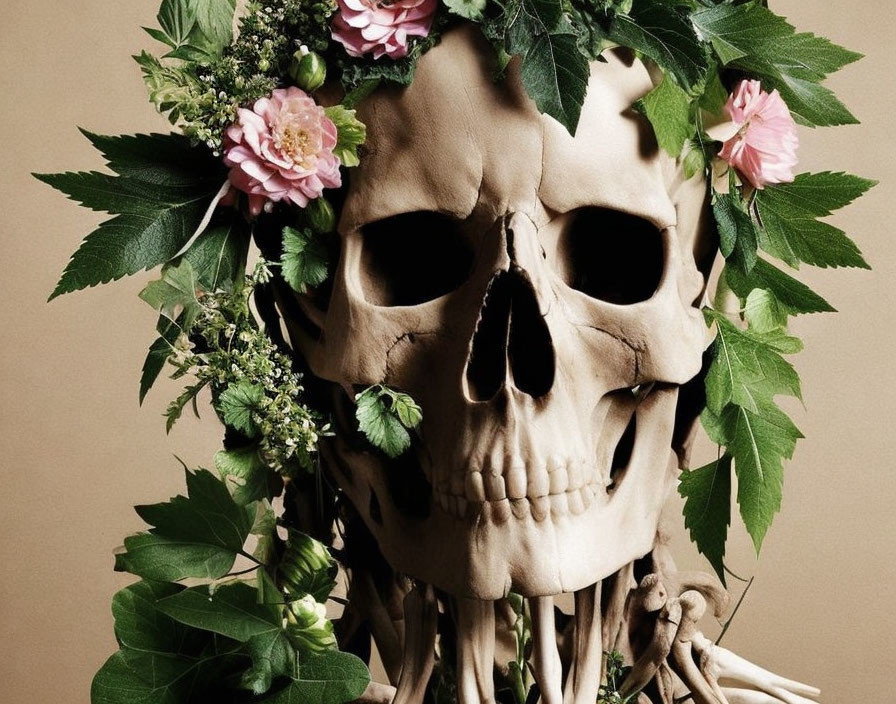 Skull with green leaves and pink flowers on beige background