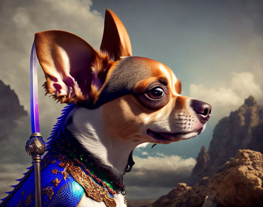 Regal Chihuahua in Medieval Attire with Sword Against Dramatic Sky