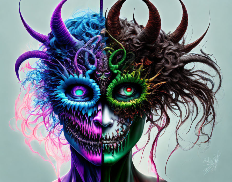 Colorful digital artwork: Face with asymmetrical, creature-like features and vivid textures.