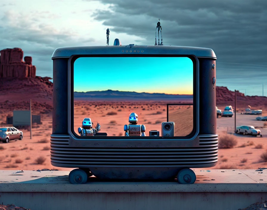 Vintage Television Scene with Surreal Desert Setting and Astronaut-Like Figures