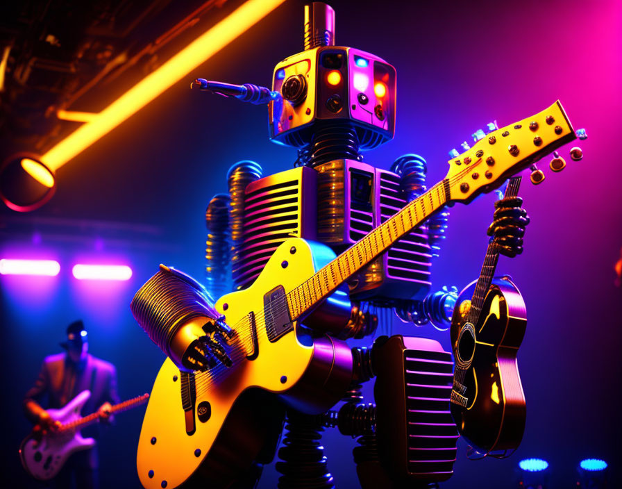 Robot with cube-shaped head plays electric guitar under purple and yellow stage lights.