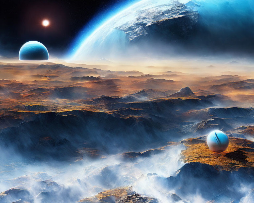 Surreal space landscape with Earth-like planet, moons, sun, rocky terrain