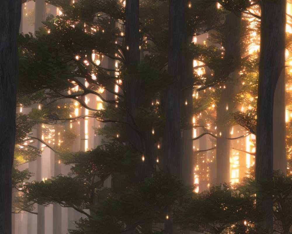 Forest scene: Sunlight, mist, trees, and two people walking.