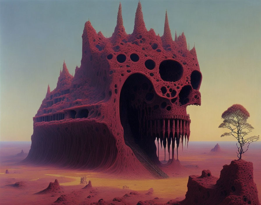 Surreal gothic landscape with skull-shaped structure under amber sky