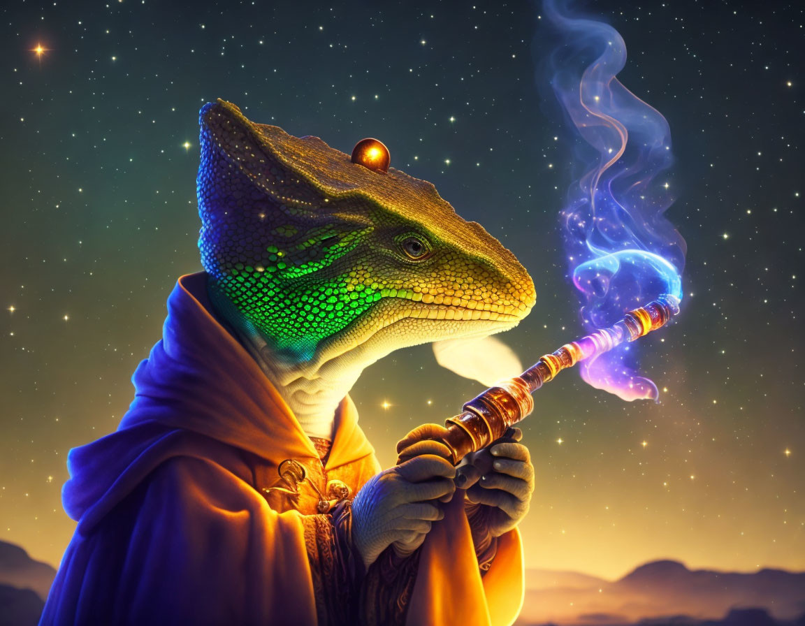 Robed anthropomorphic reptile with smoking pipe under starlit sky