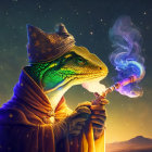 Robed anthropomorphic reptile with smoking pipe under starlit sky