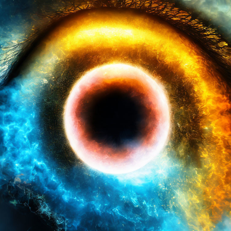 Vibrant blue and fiery orange human eye illustration with abstract elements.