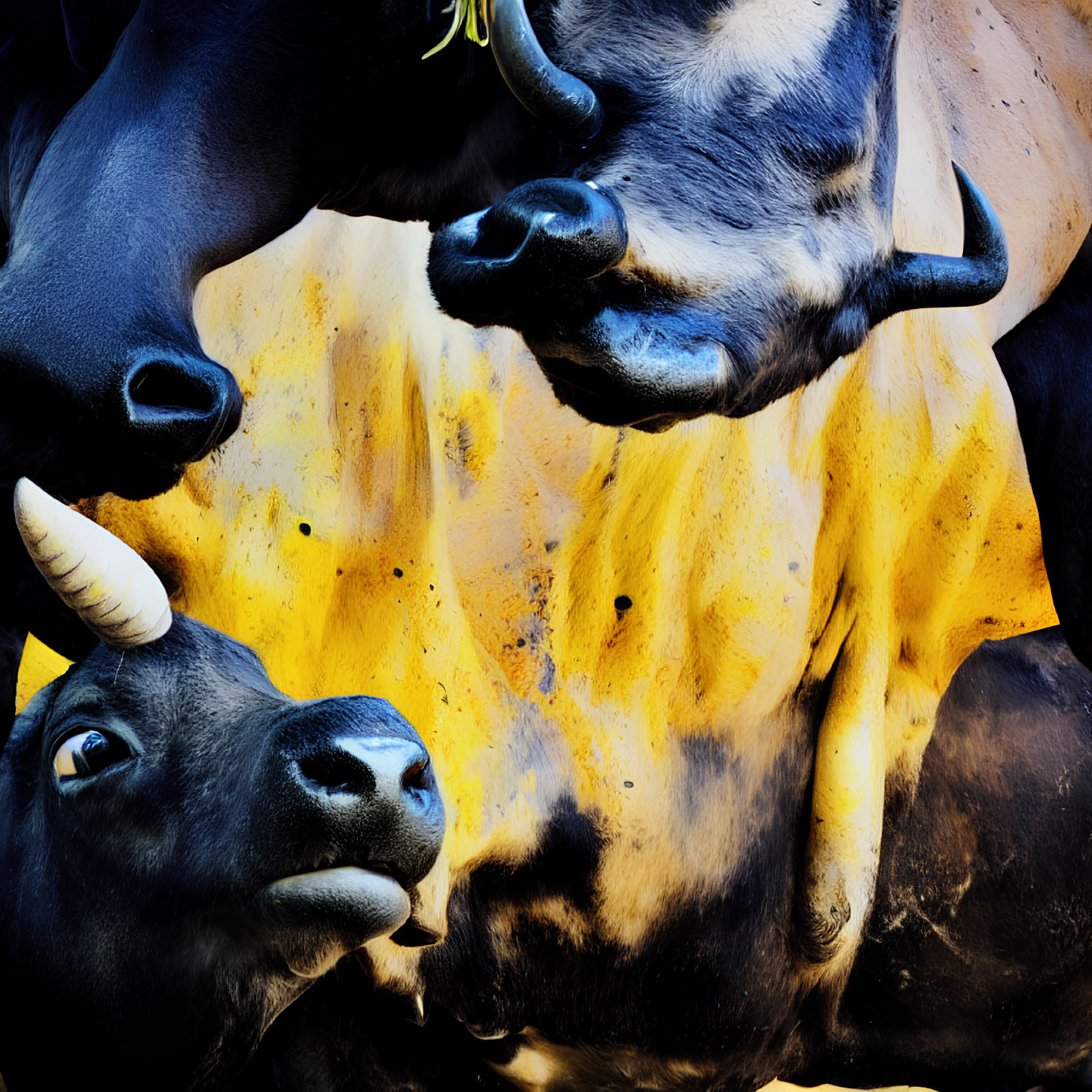 Two dark cows with horns in close-up on vibrant background