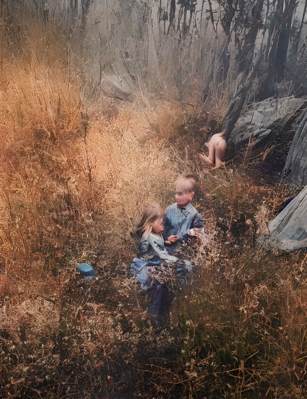 Children playing in dry grass field near dark, leafless trees