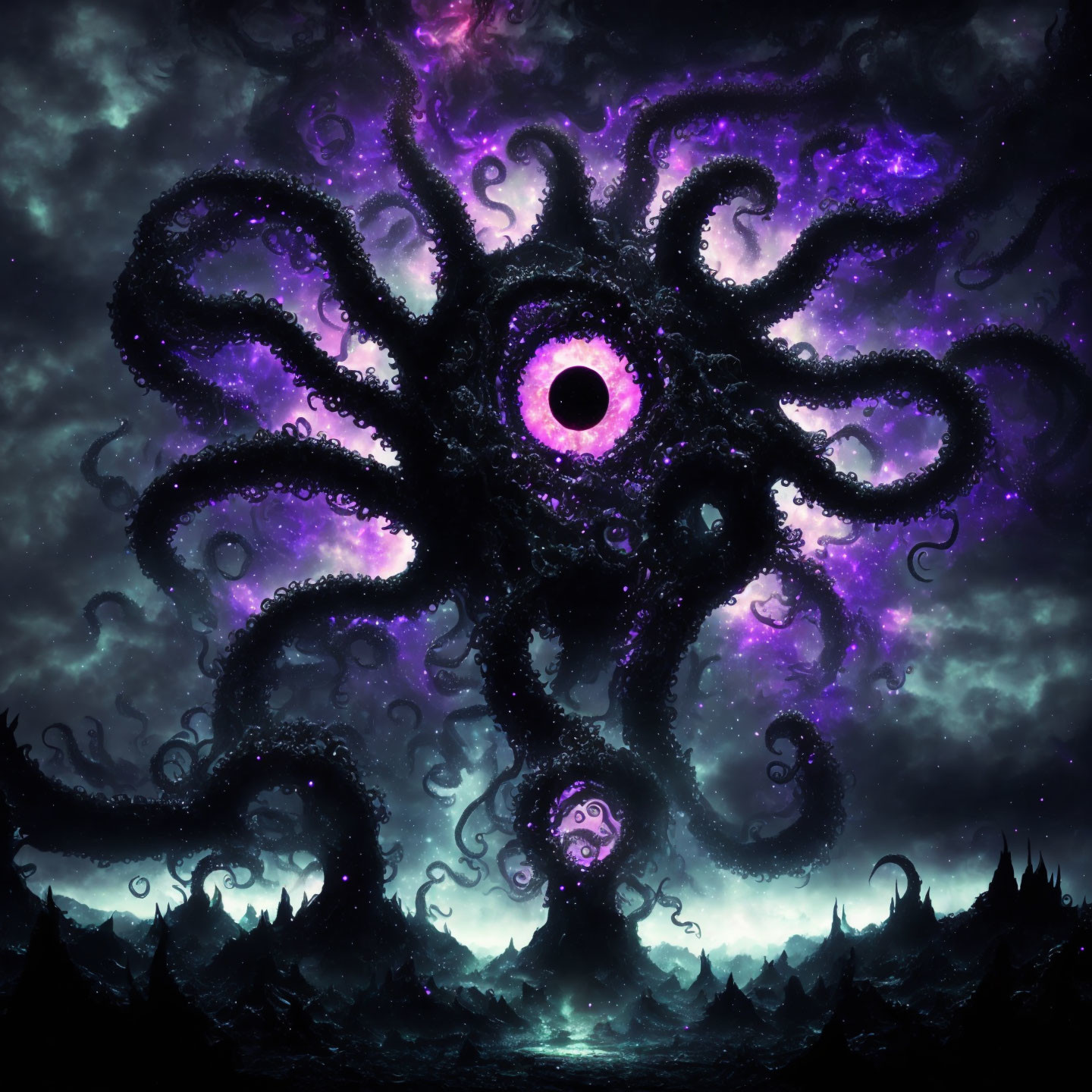 Surreal cosmic entity with tentacles and eyes in starry sky.