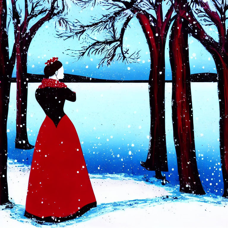 Figure in Red Cloak and White Bonnet Contemplating in Snowy Twilight Forest