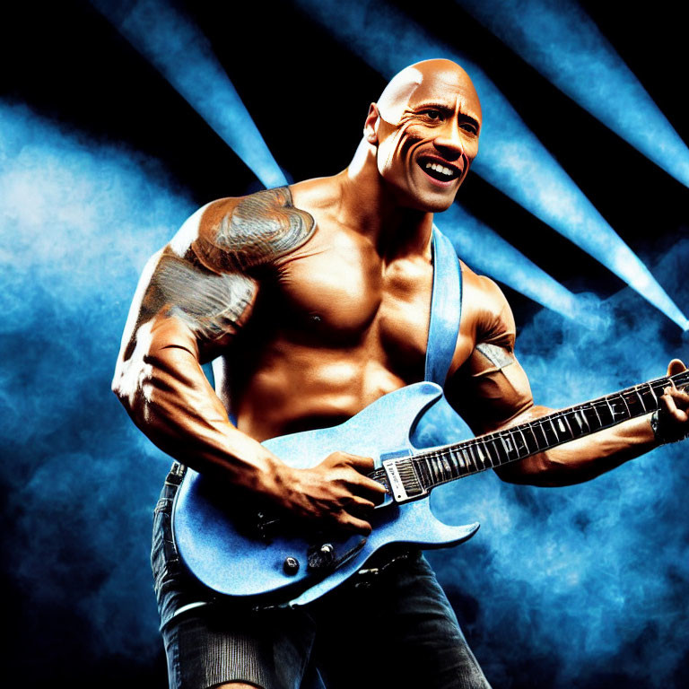 Tattooed man playing electric guitar on blue stage background